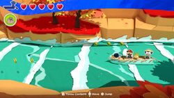Mario near the first of 74 Coins in Eddy River of The Origami King.