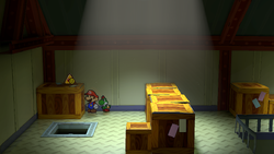 Mario near the HP Plus P badge in Glitz Pit of Paper Mario: The Thousand-Year Door for Nintendo Switch.