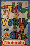 Bowser, a Bullet Bill, Donkey Kong, a Fire Flower, a Fishin' Lakitu with a Mushroom, Link, Mario, Roy Koopa, Samus Aran, two Super Stars, a Wiggler, and Yoshi on a Kellogg's Cinnamon Mini Buns poster from 1993.