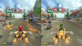 Mario and Yoshi during a Rocket Start in a two-players race in GCN Yoshi Circuit
