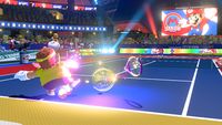 Wario's Tennis racket being broken by Mario's Ultra Smash in Mario Tennis Aces.