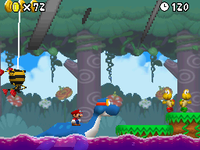 Screenshot of Small Mario riding Dorrie, in New Super Mario Bros.