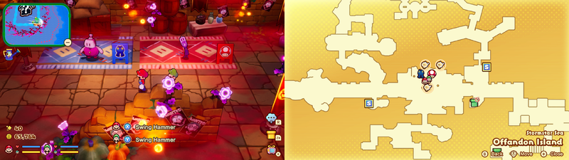 Mario and Luigi near 3 Sprite Bulb Nests on Offandon Island of Mario & Luigi: Brothership.