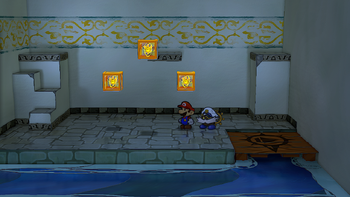 Mario next to the Shine Sprite in the secret room to the very right of Rogueport Underground in the remake of the Paper Mario: The Thousand-Year Door for the Nintendo Switch.