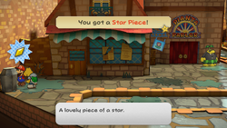 Mario getting the Star Piece behind the garbage can on the west of the Rogueport West scene in the remake of the Paper Mario: The Thousand-Year Door for the Nintendo Switch.