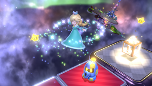 Rosalina as a playable character performing a Spin Attack. This image also shows a Pixel Luigi coming out of a Warp Box.