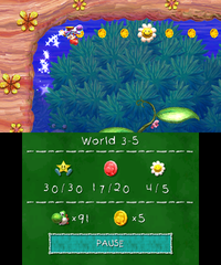 Smiley Flower 5: In a hidden room of the upper left part of the level, hidden by a foreground wall. Purple Yoshi needs to turn into Super Yoshi to run through obstacles and jump off a wall to the left where Purple Yoshi needs to run up the wall onto the ceiling to retrieve the flower.
