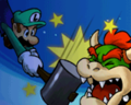 Luigi hammering Bowser.