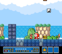A Boss Bass about to eat Mario in World 3-8