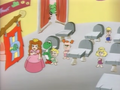 Princess Toadstool and her class pledge to Dinosaur Land's flag, as seen in the Super Mario World episode "A Little Learning".