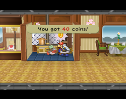 Mario getting 40 Coins from Chef Shimi on Excess Express of Paper Mario: The Thousand-Year Door.