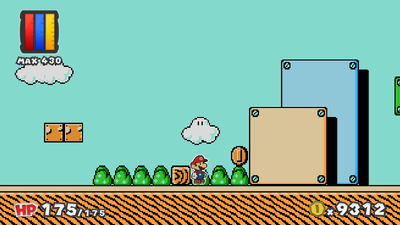 Mario near a Coin in Green Energy Plant of Paper Mario: Color Splash.