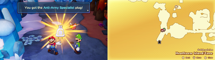 Mario holding the Anti-Army Specialist Battle Plug on Heatfreeze Island of Mario & Luigi: Brothership.