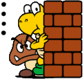 A Koopa and a Goomba hiding behind two Brick Blocks.