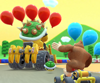 Thumbnail of the Pink Gold Peach Cup challenge from the Doctor Tour in Mario Kart Tour; a Take them out quick! challenge set on SNES Mario Circuit 3