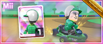 The Green Mii Racing Suit from the Mii Racing Suit Shop in the Battle Tour in Mario Kart Tour