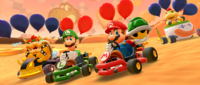 Mario, Luigi, Bowser, and Bowser Jr. participating in the 2023 Bowser Tour's 2-Player Challenge in Mario Kart Tour