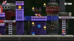 Screenshot of Mario Toy Factory level 1-2+ from the Nintendo Switch version of Mario vs. Donkey Kong
