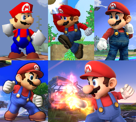 Screenshots of Mario throughout all games in the Super Smash Bros.  series. Starting from the top-left and moving clockwise: