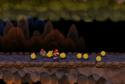 Mario finding 10 Coins after jumping over third firebar in Mt. Lavalava of Paper Mario.