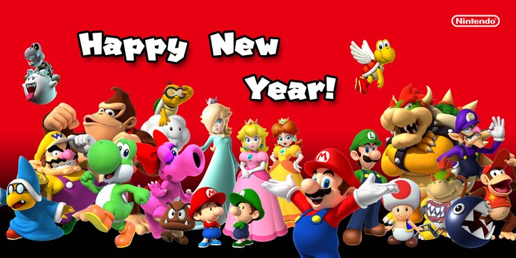 Group artwork of Super Mario characters posted by Nintendo on social media channels in celebration of New Year 2017