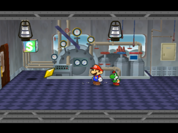 Mario getting the Star Piece under a hidden panel in the conductor's room of Excess Express in Paper Mario: The Thousand-Year Door.