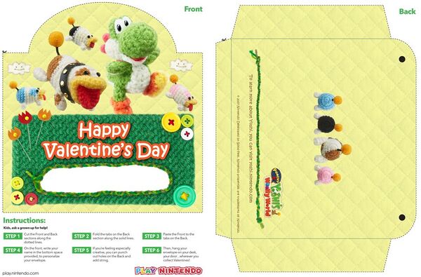 Printable sheets for a Poochy & Yoshi's Woolly World pouch for Valentine's Day cards