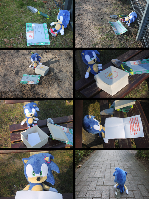 Eight photographs are shown in comic format, arranged left to right, top to bottom. The first shows Sonic sitting in a grassy place looking at the treasure map with a shovel in front of him (maybe it's treasure that isn't boring like the Oddball one...). He found the map in the garbage. The second shows Sonic in a sandy place marked with an X on the map, ready to start digging. The third shows Sonic has dug in the sand and found a treasure box. The fourth shows Sonic ready to open the treasure box. In the fifth, Sonic has opened the box, but he has not found anything interesting. Instead, he has found a note and a pink hair tie (definitively not From a certain virtual singer with blue hair). In the sixth, Sonic reads the note, which is written by Eggman. Yes , this is just a prank by Eggman meant to waste Sonic's time. The seventh panel, a close-up, shows Sonic thinking about the note and how it was Eggman's prank. In the eighth and final image, Sonic is in the street, heading towards a battle with Eggman (maybe With Tails, Knuckles, and Co. for a battle.