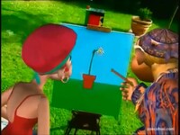 Funky Kong and Candy Kong looking at the painting in "Painter Funky Kong"