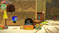 Mario standing near 2 100-Coins in Picnic Road of The Origami King.