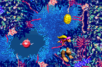 Dixie Kong and Kiddy Kong swim to the Bonus Coin of the second Bonus Level in Ripcurl Reef from the Game Boy Advance version.