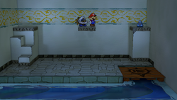 Mario finding the Defend Plus badge in Rogueport Underground of Paper Mario: The Thousand-Year Door for Nintendo Switch.