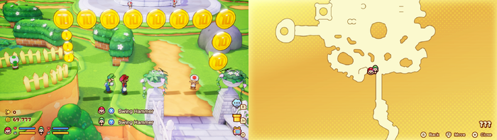 Mario and Luigi near 3 Coins and 10 10-Coins in the illusionary Mushroom Kingdom area of Soli-Tree of Mario & Luigi: Brothership.