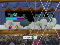 Mario and Vivian using the Supernova special move on two Koopatrols in Rogueport Sewers