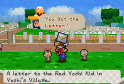 Mario receiveing the first letter from Dane T. in Toad Town of Paper Mario.