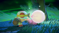 Captain Toad flashes his headlamp on a Boo at the Bizarre Doors of Boo Mansion.