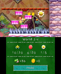 Smiley Flower 2: In a locked door in the first room. Yellow Yoshi can get its key with an upper platform nearby contained in a Winged Cloud. Yellow Yoshi needs to traverse across a bed of spikes using a four-segmented Paddle Platform, eventually without going on top of the platform above.