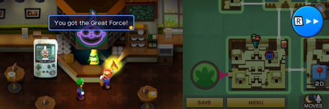 Mario getting the Great Force from Professor E. Gadd in the town part of Beanbean Castle of Mario & Luigi: Superstar Saga + Bowser's Minions.