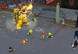 Bowser breathing fire on the field