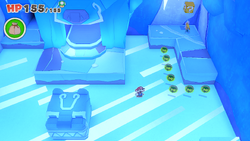 Mario standing near 7 10-Coins on Ice Vellumental Mountain of The Origami King.