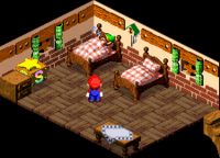 A notable screenshot of Link sleeping in a bed from Super Mario RPG: Legend of the Seven Stars
