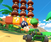 Thumbnail of the Luigi Cup challenge from the 2020 New Year's Tour; a Goomba Takedown challenge set on 3DS Cheep Cheep Lagoon (reused as the Toadette Cup's bonus challenge in the April – May 2021 Sydney Tour)