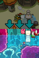 Top Screen: Bowser drinks in a fountain. Bottom Screen: Mario and Luigi in Bowser's body, near a bone resembling a Thwomp.