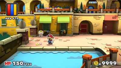 Mario near the Holo-Peach PR-M7 in Port Prisma of Paper Mario: Color Splash.