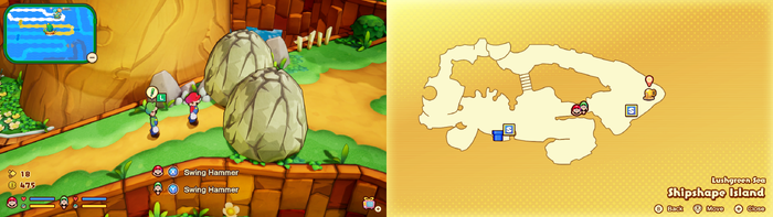 Mario and Luigi near breakable rocks containing a Coin on Shipshape Island of Mario & Luigi: Brothership.