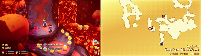 Mario and Luigi near 9 Coins on Skorcheen Island of Mario & Luigi: Brothership.