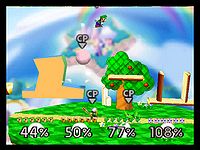 Green Luigi, Jigglypuff, White Luigi, and Yoshi battling on a beta version of Dream Land in the game's coding. The green Luigi stands on the invisible barrier, preparing to run. The Gameshark Code is: 800A4D09 000A