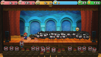 Mario and Goombella fighting the Fuzzy Horde in Shhwonk Fortress.