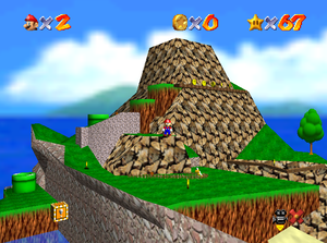 Screenshot of Tiny-Huge Island from Super Mario 64.