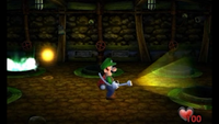 A Gold Ghost in an orb state approaching Luigi from behind whilst in a brand new styled Training Room.